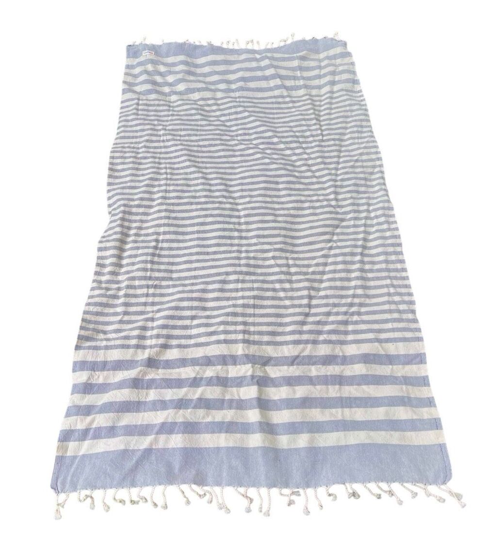Marmaris Co Turkish Beach Towel Organic Cotton Fringed Blue Gray Striped Classic